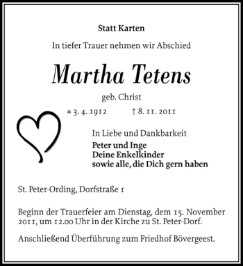 Traueranzeige von Martha Tetens von Husumer Nachrichten
