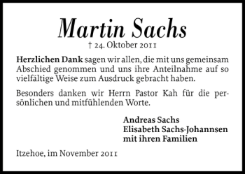 Traueranzeige von Martin Sachs von Norddeutsche Rundschau