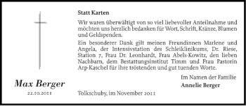 Traueranzeige von Max Berger von Schleswiger Nachrichten