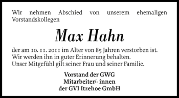 Traueranzeige von Max Hahn von Norddeutsche Rundschau