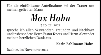 Traueranzeige von Max Hahn von Norddeutsche Rundschau
