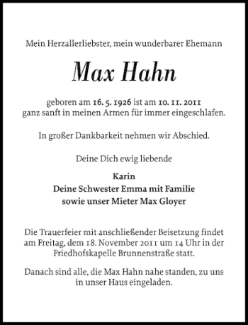 Traueranzeige von Max Hahn von Norddeutsche Rundschau
