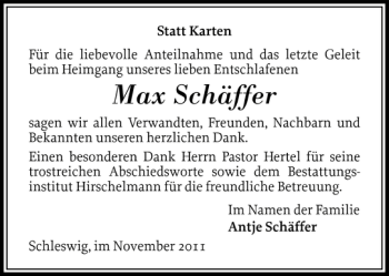 Traueranzeige von Max Schäffer von Schleswiger Nachrichten