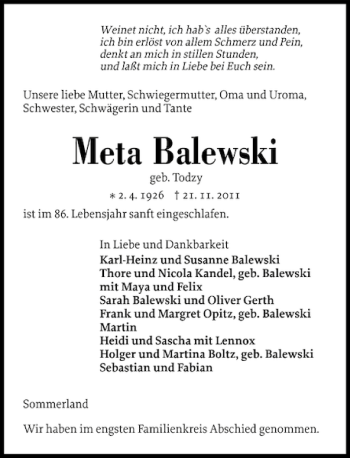 Traueranzeige von Meta Balewski von Elmshorner Nachrichten