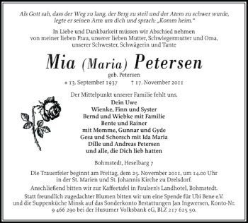 Traueranzeige von Mia Petersen von Husumer Nachrichten