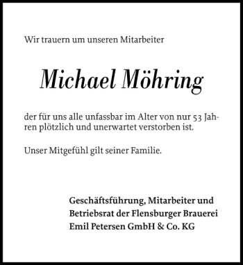 Traueranzeige von Michael Möhring von Flensburger Tageblatt