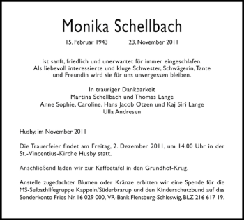 Traueranzeige von Monika Schellbach von Flensburger Tageblatt