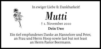 Traueranzeige von Mutti  von Husumer Nachrichten