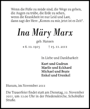 Traueranzeige von Märy Marx von Husumer Nachrichten