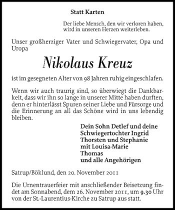 Traueranzeige von Nikolaus Kreuz von Flensburger Tageblatt
