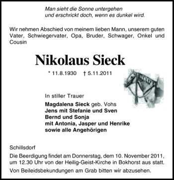 Traueranzeige von Nikolaus Sieck von Holsteinischer Courier