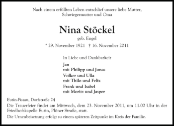 Traueranzeige von Nina Stöckel von Ostholsteiner Anzeiger