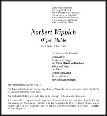 Traueranzeige von Norbert Wippich von Flensburger Tageblatt