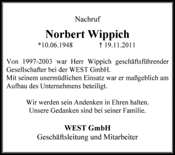 Traueranzeige von Norbert Wippich von Nordfriesland Tageblatt
