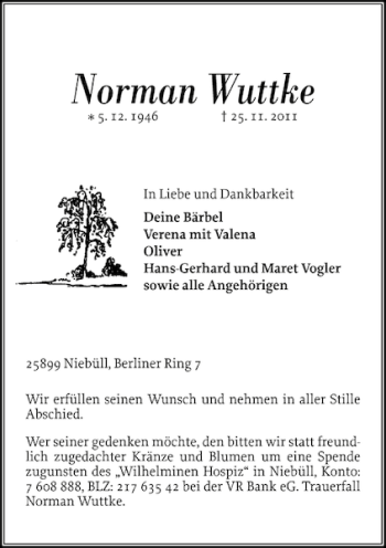 Traueranzeige von Norman Wuttke von Nordfriesland Tageblatt