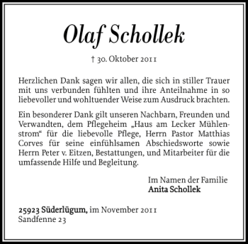 Traueranzeige von Olaf Schollek von Nordfriesland Tageblatt