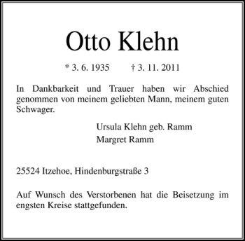 Traueranzeige von Otto Klehn von Norddeutsche Rundschau