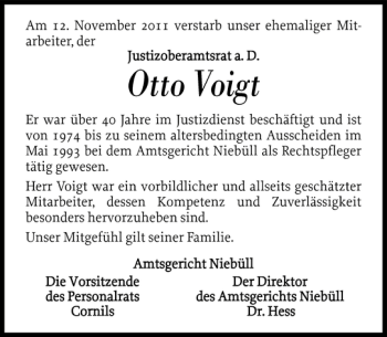 Traueranzeige von Otto Voigt von Nordfriesland Tageblatt