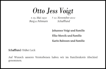 Traueranzeige von Otto Jess Voigt von Nordfriesland Tageblatt
