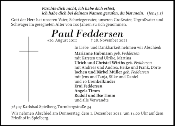 Traueranzeige von Paul Feddersen von Der Insel-Bote
