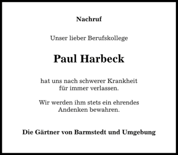 Traueranzeige von Paul Harbeck von Barmstedter Zeitung