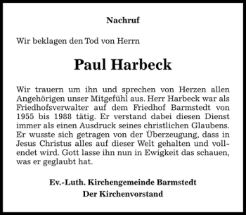 Traueranzeige von Paul Harbeck von Barmstedter Zeitung