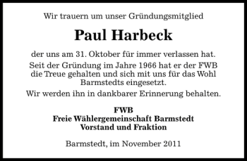 Traueranzeige von Paul Harbeck von Barmstedter Zeitung