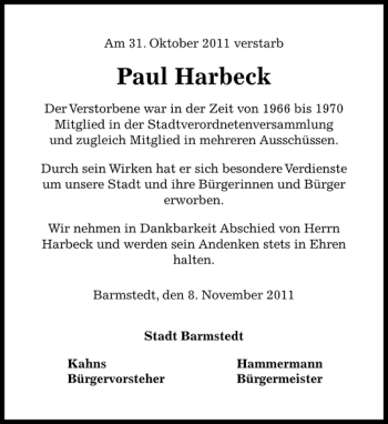 Traueranzeige von Paul Harbeck von Barmstedter Zeitung