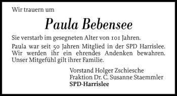 Traueranzeige von Paula Bebensee von Flensburger Tageblatt