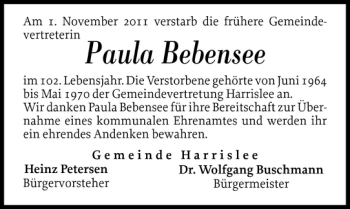 Traueranzeige von Paula Bebensee von Flensburger Tageblatt