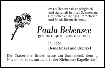 Traueranzeige von Paula Bebensee von Flensburger Tageblatt
