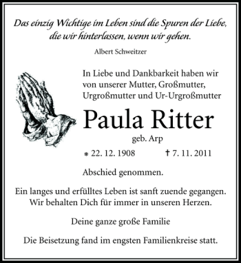 Traueranzeige von Paula Ritter von Flensburger Tageblatt