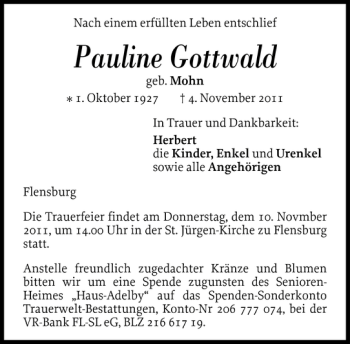 Traueranzeige von Pauline Gottwald von Flensburger Tageblatt