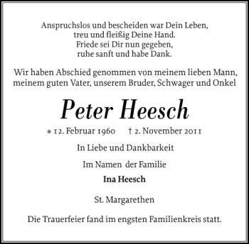 Traueranzeige von Peter Heesch von Norddeutsche Rundschau
