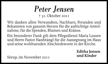 Traueranzeige von Peter Jensen von Flensburger Tageblatt