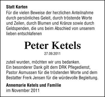 Traueranzeige von Peter Ketels von Der Insel-Bote