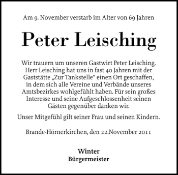 Traueranzeige von Peter Leisching von Barmstedter Zeitung