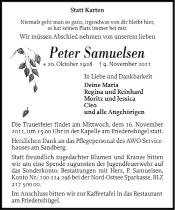Traueranzeige von Peter Samuelsen von Flensburger Tageblatt