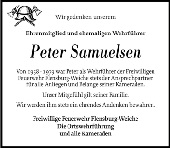 Traueranzeige von Peter Samuelsen von Flensburger Tageblatt
