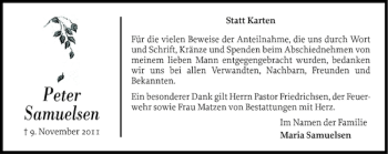 Traueranzeige von Peter Samuelsen von Flensburger Tageblatt