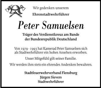 Traueranzeige von Peter Samuelsen von Flensburger Tageblatt