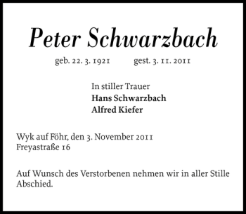 Traueranzeige von Peter Schwarzbach von Der Insel-Bote