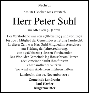 Traueranzeige von Peter Suhl von Norddeutsche Rundschau