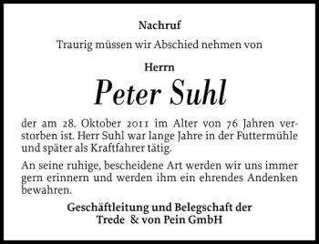 Traueranzeige von Peter Suhl von Norddeutsche Rundschau