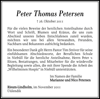 Traueranzeige von Peter Thomas Petersen von Nordfriesland Tageblatt