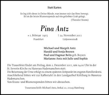 Traueranzeige von Pina Antz von Landeszeitung