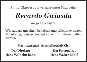 Traueranzeige von Recardo Gwiasda von Schlei-Bote