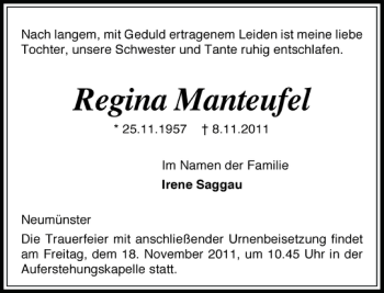 Traueranzeige von Regina Manteufel von Holsteinischer Courier