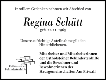 Traueranzeige von Regina Schütt von Ostholsteiner Anzeiger