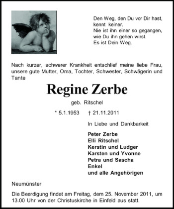 Traueranzeige von Regine Zerbe von Holsteinischer Courier